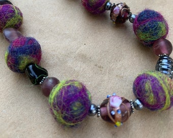 Magenta, Blue, and Green Wool Bead Necklace