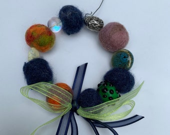 Tiny colorful hand-felted wool bead Wreath with eclectic bead accents