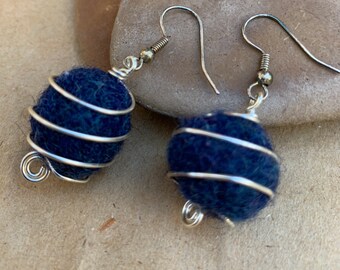 Upcycled Wool Bead Earrings with Silver Twist