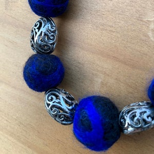 Electric Blue and Black Felted Wool Bead Necklace with Silvertone Scroll Beads