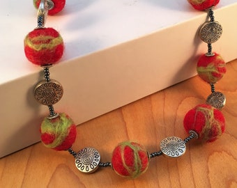Lime Green and Red Wool Bead Necklace with Silver Discs