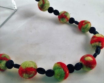 Lime and Red Wool Bead Necklace with Onyx Discs