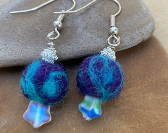 Purple and Turquoise Wool Bead Earrings with Star