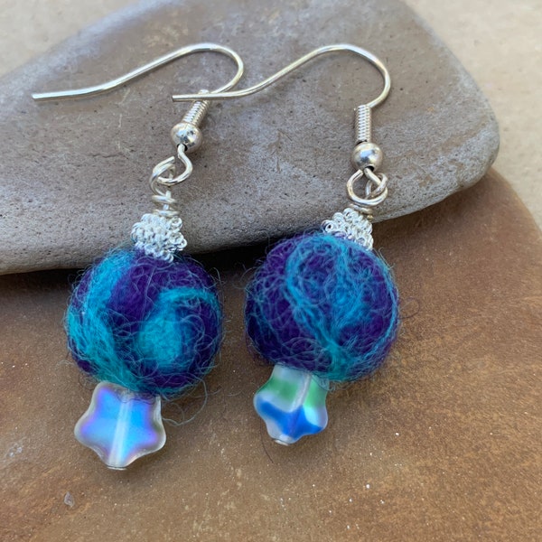 Purple and Turquoise Wool Bead Earrings with Star