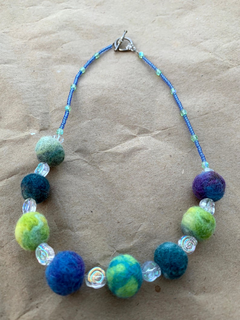 Springtime Color Felted Wool Bead and Glass Spirals Necklace image 2