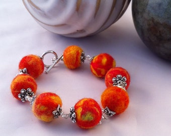 Versitile Orange, Red, and Yellow Felted Wool Bead Bracelet with Silver Accents For Work or Play