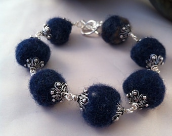 Navy Blue Upcycled Hand Felted Wool Bead Bracelet with Silver Accents