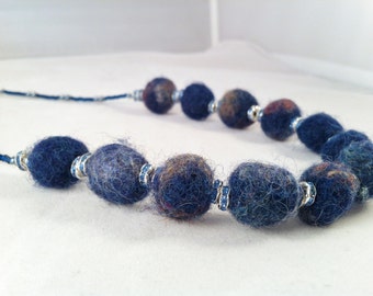 Upcycled Navy Blue and Grey-Accented Hand Felted Wool Bead Necklace