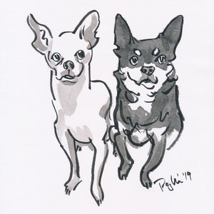 TWO pets Custom pet portrait FREE SHIPPING Japanese Ink and brush Drawing Pet memorial personalized dog cat lover art gift