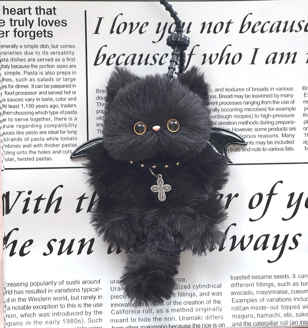 Black Bat Cat Plush Keychain - Handmade Winged Gothic Kitten Charm ...