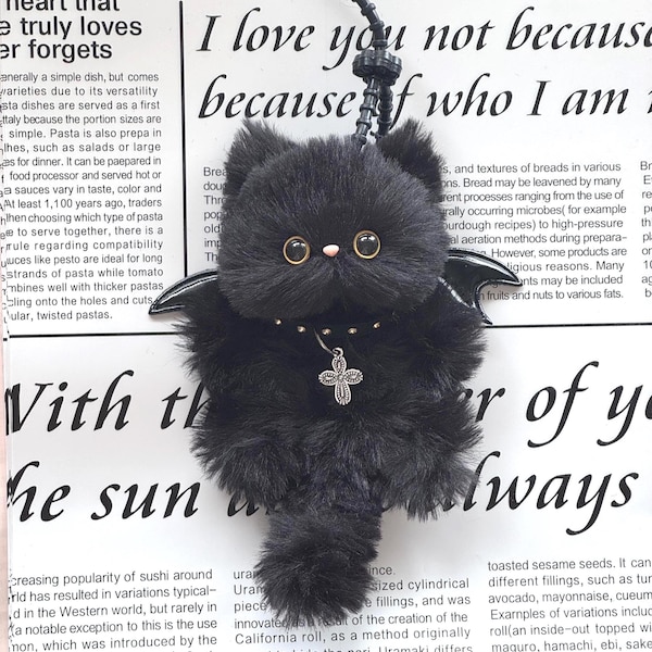 Schwarze Fledermaus Katze Plüsch Schlüsselanhänger - Handgemachte Geflügelte Gothic Kätzchen Anhänger - Gruseliges Rucksack Accessoire