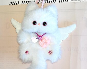 Angel Winged White Cat Charm – Handmade Furry Guardian Cat Keychain | Soothing Gift for Cat Lovers, Memorials, Moms & Spiritual Souls