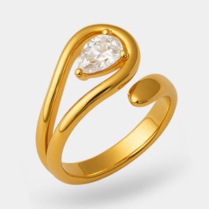 18K Gold Plated Geometric Ring: Zircon Inlay, Adjustable Stainless Steel