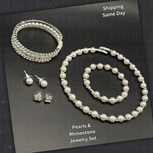Strass Perlen Halsketten Set für Frauen | Hochzeitsschmuck | Brautjungfer Geschenk | Kunstperlen Ohrringe & Armband | Elegantes Schmuckset