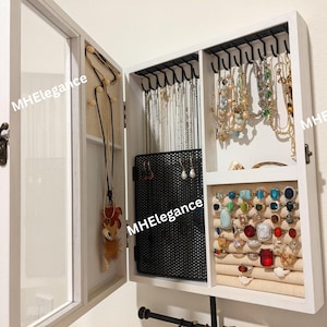 Rustic Wood Wall Mounted Jewelry Organizer Cabinet: Carbonized Black Finish