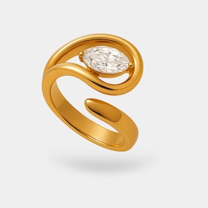 18K Gold Plated Geometric Ring: Zircon Inlay, Adjustable Stainless Steel
