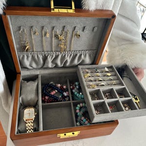Wooden Jewelry Box with Lock: Velvet Lined Vintage Organizer
