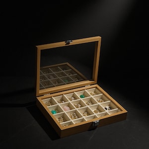 Scatola portagioie in legno – Espositore con 24 scomparti e coperchio in vetro – Vassoio porta anelli in velluto – Regalo vintage per donna