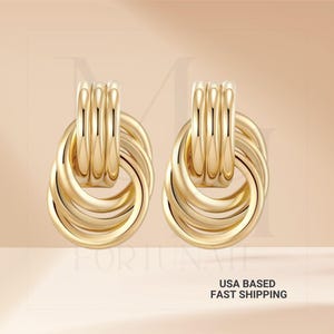 14K Gold Plated Interlocking Hoop Earrings – Chunky Double Hoop Statement Jewelry, Modern Knot Earrings, Gift for Her