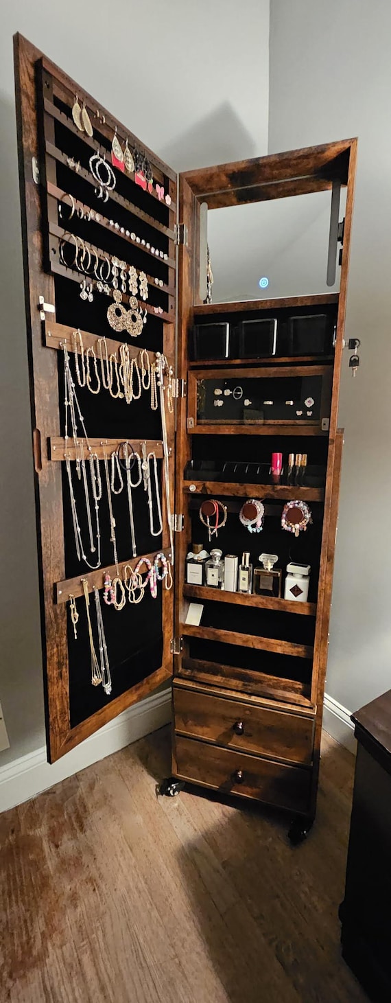 HNEBC 360° Swivel Jewelry Cabinet With Lights,Standing Jewelry Armoire Organizer, Rotatable Jewelry Mirror, Full Length Mirror With Jewelry Storage, White