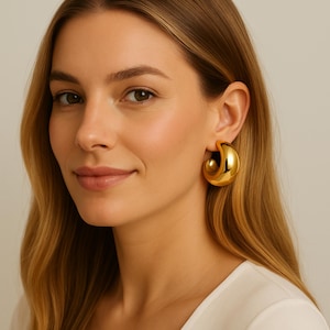 14k Gold Dome Hoop Earrings / Solid Gold Earrings For Women / 14k Gold Hoop Earrings / Polished Dome Huggie Earrings / Chunky Hoop Earrings