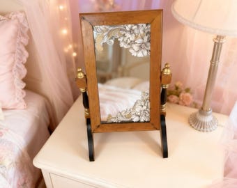 Hand-Painted Vintage Vanity Mirror | Romantic Floral Cottage Decor | Shabby Chic Bedroom Accent
