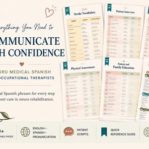 Könnte beinhalten: Ein Set aus druckbaren Bildungsunterlagen mit dem Titel Neuro Medical Spanish for Occupational Therapists. Die Seiten enthalten Tabellen mit englischen und spanischen Begriffen sowie Aussprachehilfen für die Patientenversorgung, inklusive Schlaganfall-Vokabular.