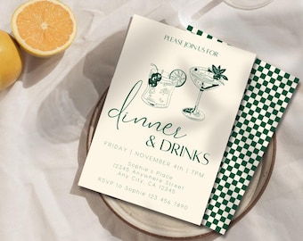Dinner & Drinks Invitation - 5"x7", Editable Template, Canva Invite, Retro Invitation