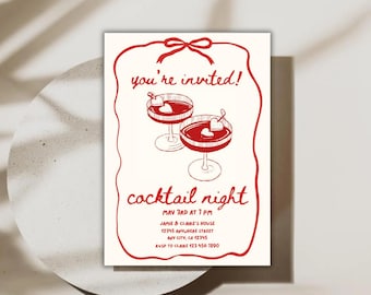 May include: Red and white invitation card with a hand-drawn illustration of two cocktails with cherries. The text reads "you're invited! cocktail night" with the date, time, and location details below.
