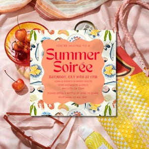 Sommer Soirée Einladung - 5,25 "x5,25", bearbeitbare Vorlage, Canva Invite, Picknickeinladung