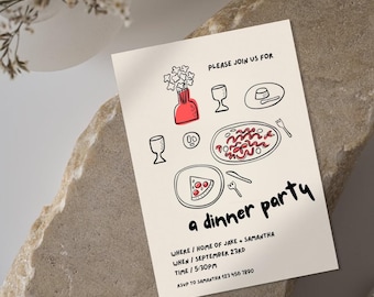 May include: A beige invitation card with black and red illustrations of food and drinks. The text on the card reads "Please join us for a dinner party" and includes details about the event, such as the location, date, time, and RSVP information.