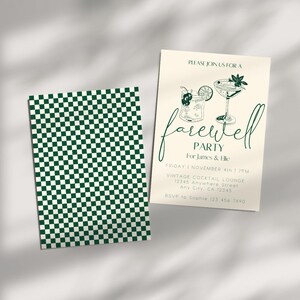 May include: Two cards. One has a green and white chequered pattern. The other is a cream-coloured invitation with the words "farewell party" in a script font. The invitation includes illustrations of cocktails and event details.