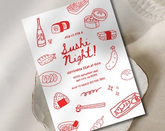 Sushi Night Invitation - 5"x7", Editable Template, Canva Invite, Red & White Invitation