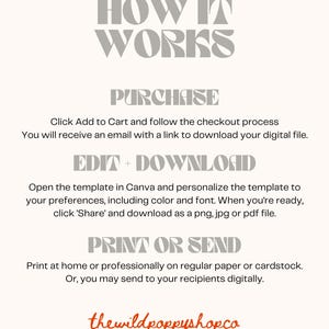 May include: A cream-coloured digital download guide with grey text. The text includes "HOW IT WORKS", "PURCHASE", "EDIT + DOWNLOAD", and "PRINT OR SEND". The bottom of the image features the text "thewildpoppyshopco".