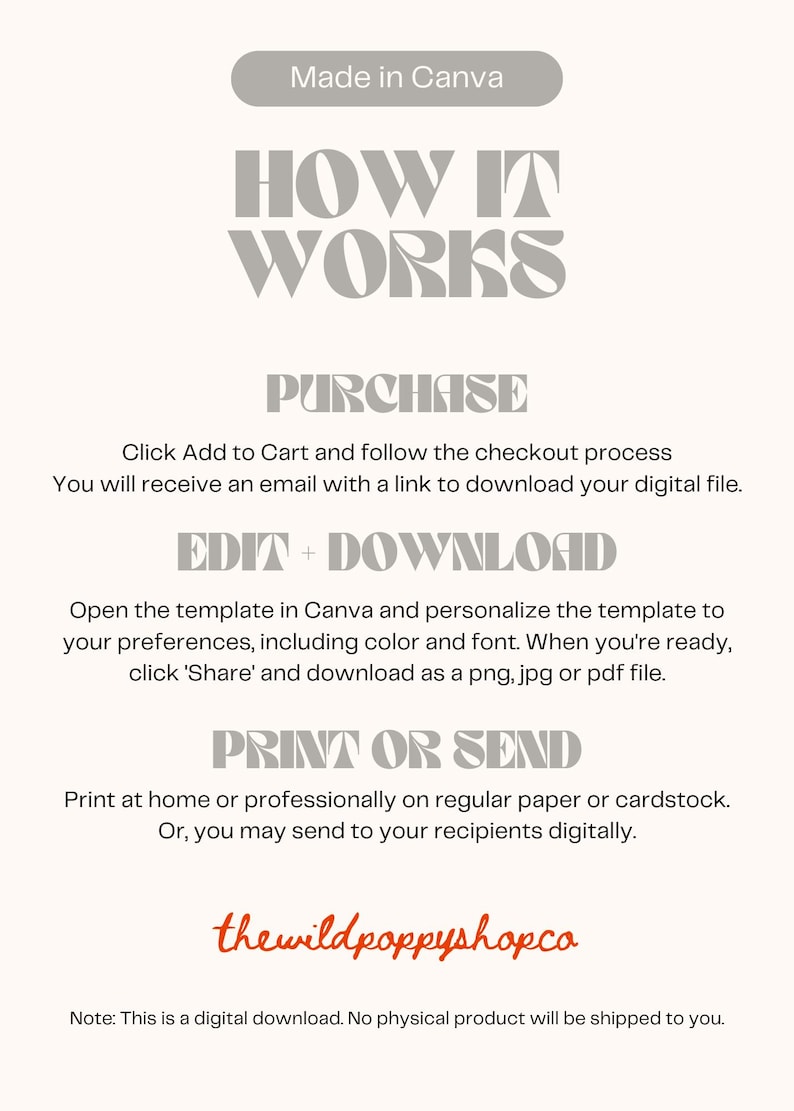 May include: A cream-coloured digital download guide with grey text. The text includes "HOW IT WORKS", "PURCHASE", "EDIT + DOWNLOAD", and "PRINT OR SEND". The bottom of the image features the text "thewildpoppyshopco".