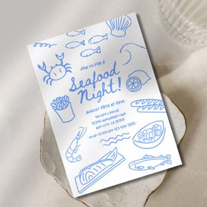 Faire-part de fruits de mer nuit - 5 x 7 po, modèle modifiable, toile d'invitation, faire-part bleu et blanc