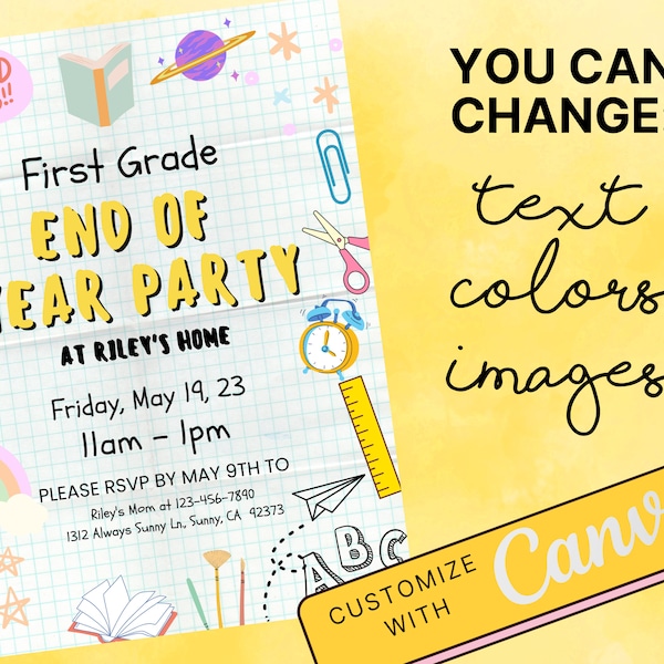 END OF SCHOOL Flyer and Invite for Summer Break End of Year Party Invitation Elementary School To Edit In Canva