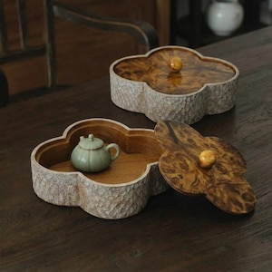 Handmade Burmese Teak Blossom Box | Natural Burl Lid | Resin Wood Knob | Jewelry Box | Wabi-Sabi Storage Box | One of a Kind Gift
