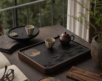 Bandeja de té Gongfu con desagüe | Bandeja de té japonesa | Mesa de té para oficina en casa | Tabla de té Wabi Sabi | Bandeja de té minimalista negra | Accesorios para el té (regalo)