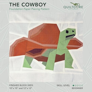 Peut inclure: Un modèle de patchwork sur papier pour un bloc de courtepointe appelé "The Cowboy". Le bloc présente un motif de tortue vert et marron. Les tailles de bloc finies sont de 10 pouces sur 10 pouces et de 12 pouces sur 12 pouces. Le niveau de difficulté est débutant.