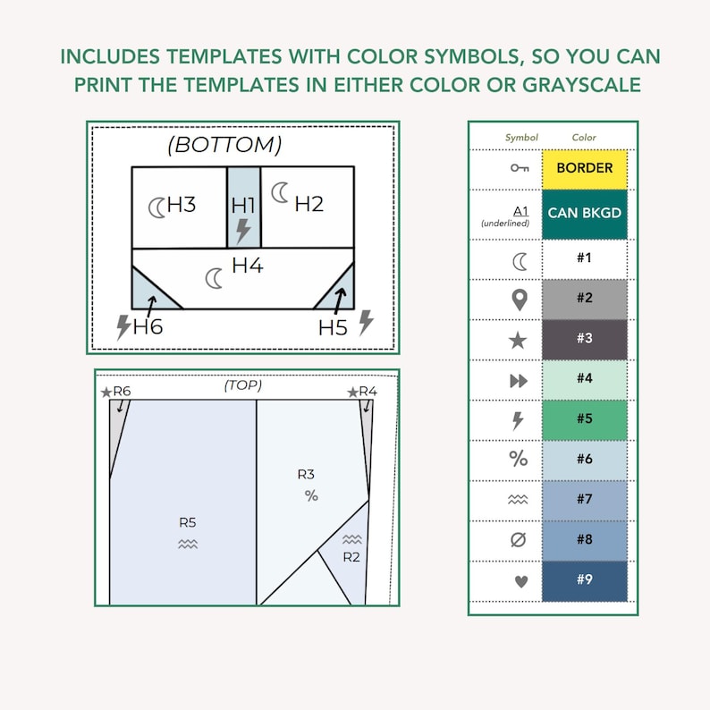 Puede incluir: Diagrama que muestra c&oacute;mo crear un bloque de colcha con diferentes s&iacute;mbolos de color. El diagrama muestra dos bloques de colcha, uno etiquetado como "abajo" y el otro como "arriba". El diagrama tambi&eacute;n incluye una clave de color con s&iacute;mbolos y n&uacute;meros de color correspondientes.