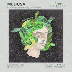 Op de afbeelding: Een foundation paper piecing quiltpatroon voor een Medusa quiltblok. Het blok is gemaakt van groene, gele en witte stofstukken. De afgewerkte blokmaten zijn 30,5 cm bij 30,5 cm en 45,7 cm bij 45,7 cm. Het vaardigheidsniveau is beginner tot gemiddeld.