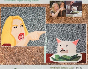 Woman Yelling at Cat Meme FPP Quilt Block Pattern (PDF Download)