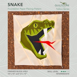 May include: A foundation paper piecing pattern for a snake quilt block. The snake is green, black, and red with a white background. The finished block size is 10 inches by 10 inches or 12 inches by 12 inches. The skill level is intermediate.
