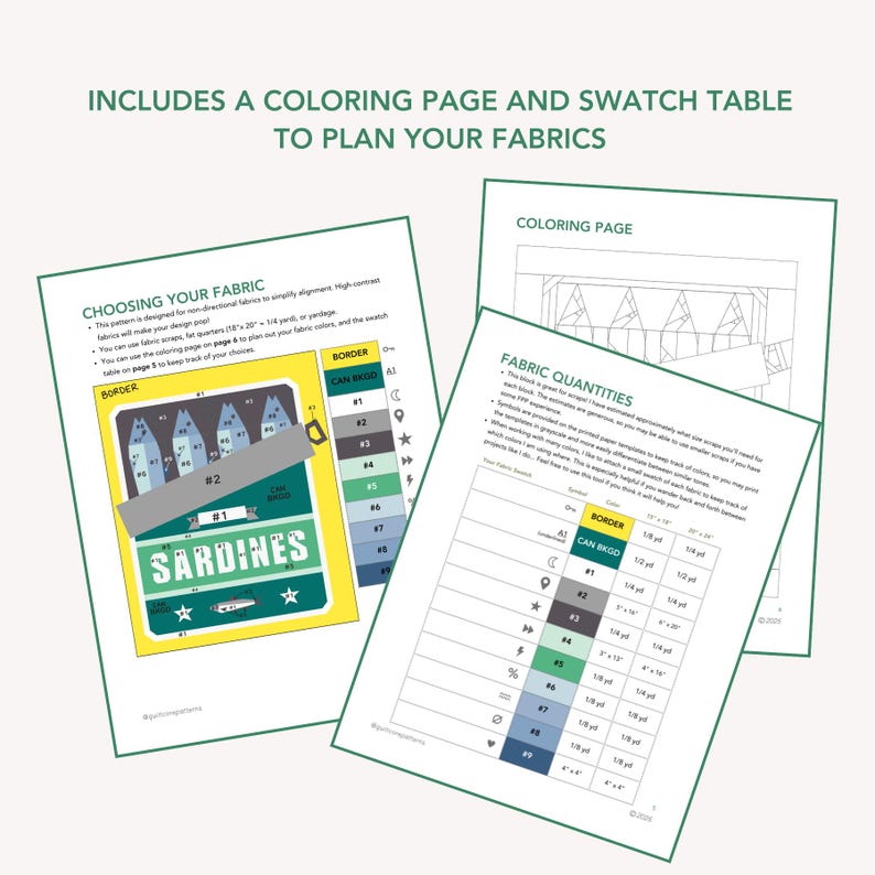 Puede incluir: Una p&aacute;gina para colorear imprimible y una tabla de muestras de tela para un proyecto de acolchado. La tabla incluye un borde, un can sigdal y cantidades de tela. La p&aacute;gina para colorear presenta un dise&ntilde;o de una lata de sardinas con una estrella y un pez.