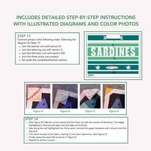 Puede incluir: Una gu&iacute;a paso a paso para crear un bloque de acolchado con un dise&ntilde;o de "Sardinas". Las instrucciones incluyen diagramas ilustrados y fotos en color. El bloque de acolchado presenta un esquema de color azul, verde y blanco con un dise&ntilde;o de pez y estrellas.
