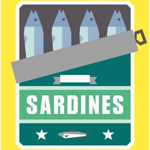 Puede incluir: Un fondo amarillo con una lata de sardinas verde y blanca. La lata tiene una tapa plateada que est&aacute; parcialmente abierta, revelando cuatro sardinas en el interior. La lata tiene la palabra "SARDINES" impresa en ella en letras blancas. Hay dos estrellas blancas y una peque&ntilde;a sardina estilizada gris en la parte inferior de la lata.