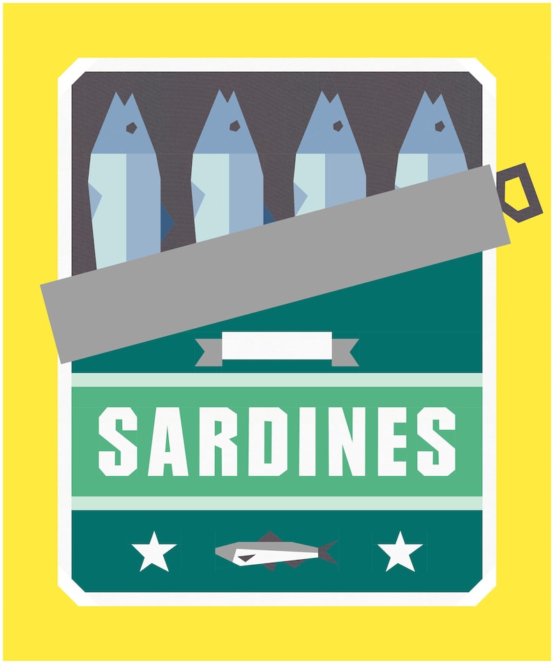 Puede incluir: Un fondo amarillo con una lata de sardinas verde y blanca. La lata tiene una tapa plateada que est&aacute; parcialmente abierta, revelando cuatro sardinas en el interior. La lata tiene la palabra "SARDINES" impresa en ella en letras blancas. Hay dos estrellas blancas y una peque&ntilde;a sardina estilizada gris en la parte inferior de la lata.