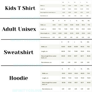 Puede incluir: Tabla de tallas para ropa de ni&ntilde;os, adultos unisex, sudaderas y sudaderas con capucha. La tabla muestra el ancho, la longitud, la longitud de la manga y la tolerancia de tama&ntilde;o en cent&iacute;metros para diferentes tallas, incluidas XS, S, M, L, XL, 2XL y 3XL.