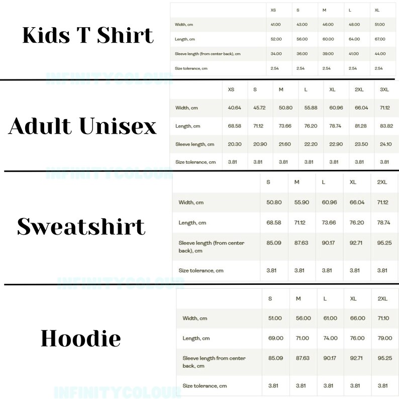 Puede incluir: Tabla de tallas para ropa de ni&ntilde;os, adultos unisex, sudaderas y sudaderas con capucha. La tabla muestra el ancho, la longitud, la longitud de la manga y la tolerancia de tama&ntilde;o en cent&iacute;metros para diferentes tallas, incluidas XS, S, M, L, XL, 2XL y 3XL.